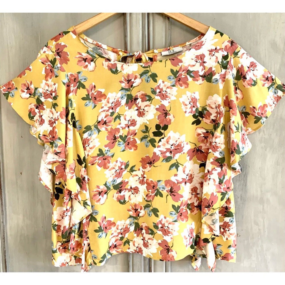 Joe B. Yellow Floral Rayon Top Blouse Sz L